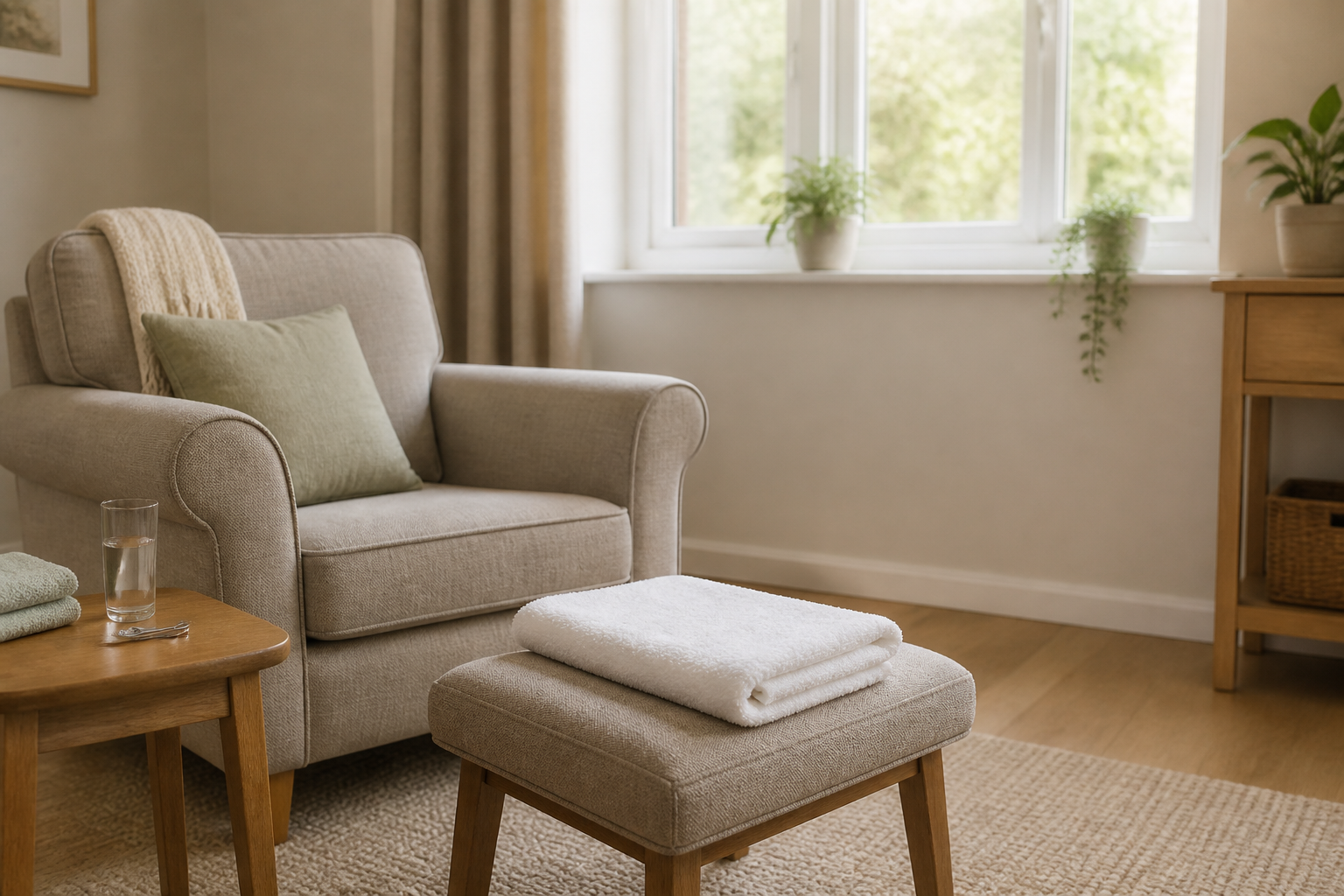 A calm home foot care setup beside a sturdy chair and foot stool