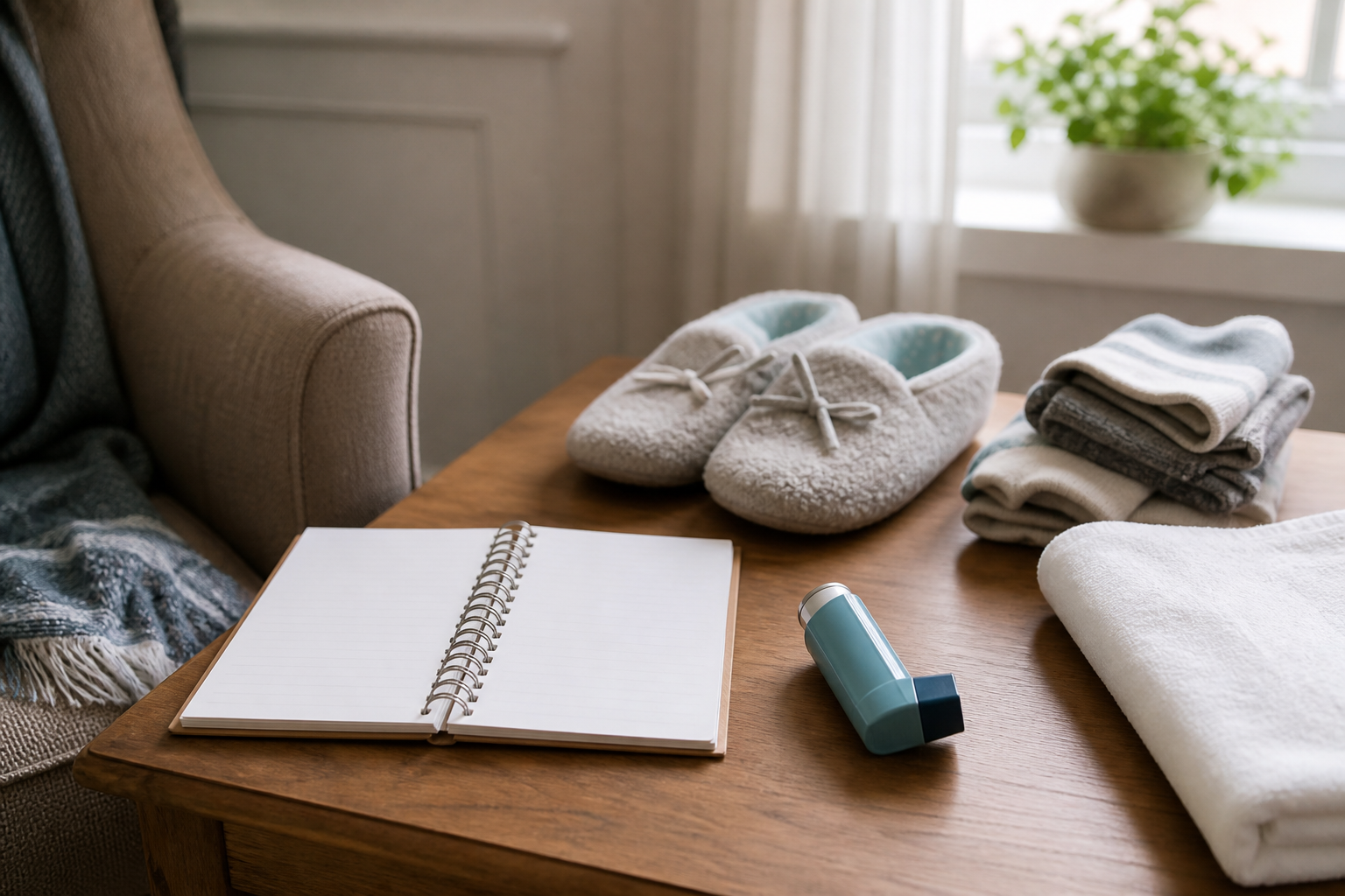 Foot care preparation notes beside socks, slippers, and a clean towel