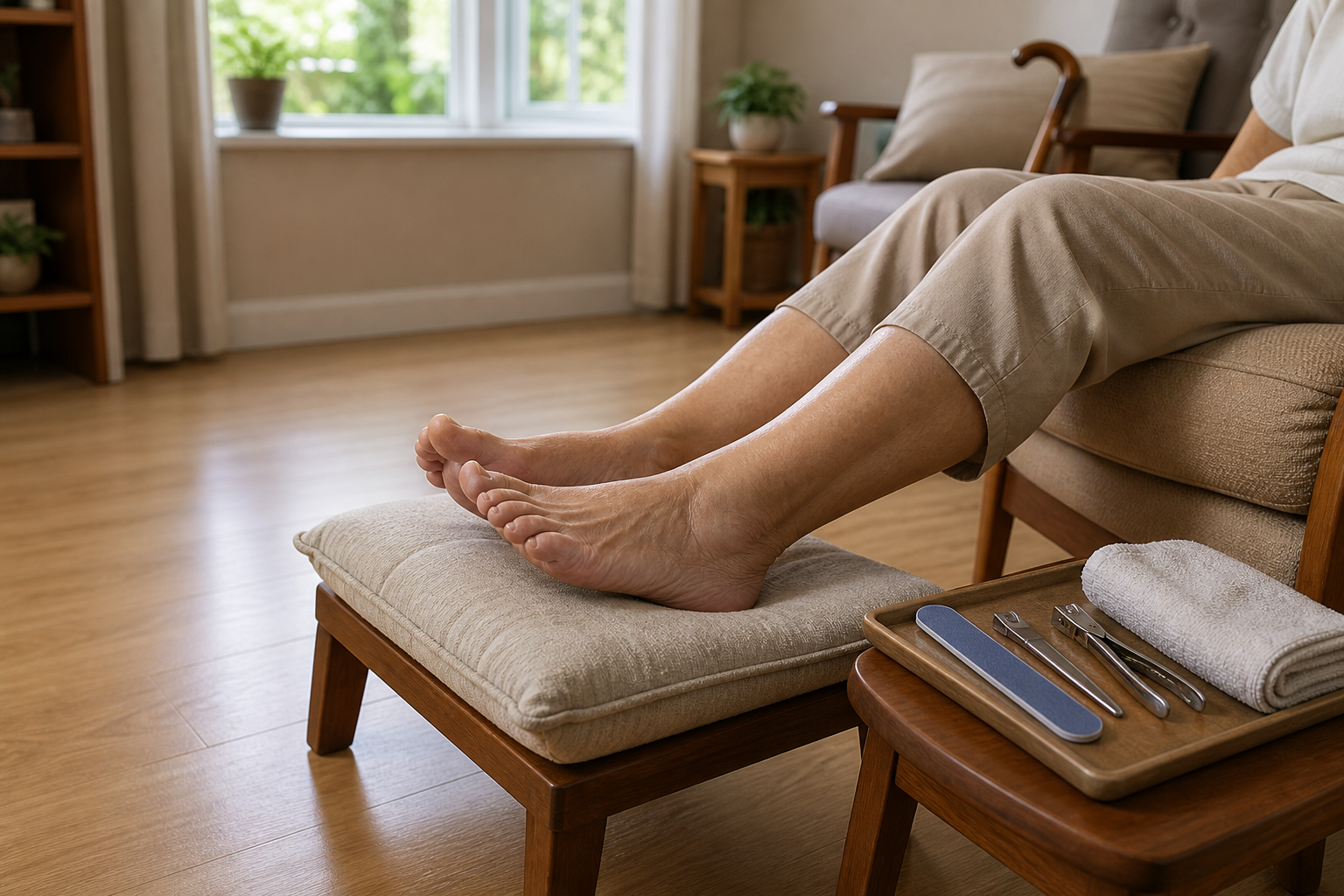 Feet supported on a low foot stool in a tidy home with foot care tools nearby