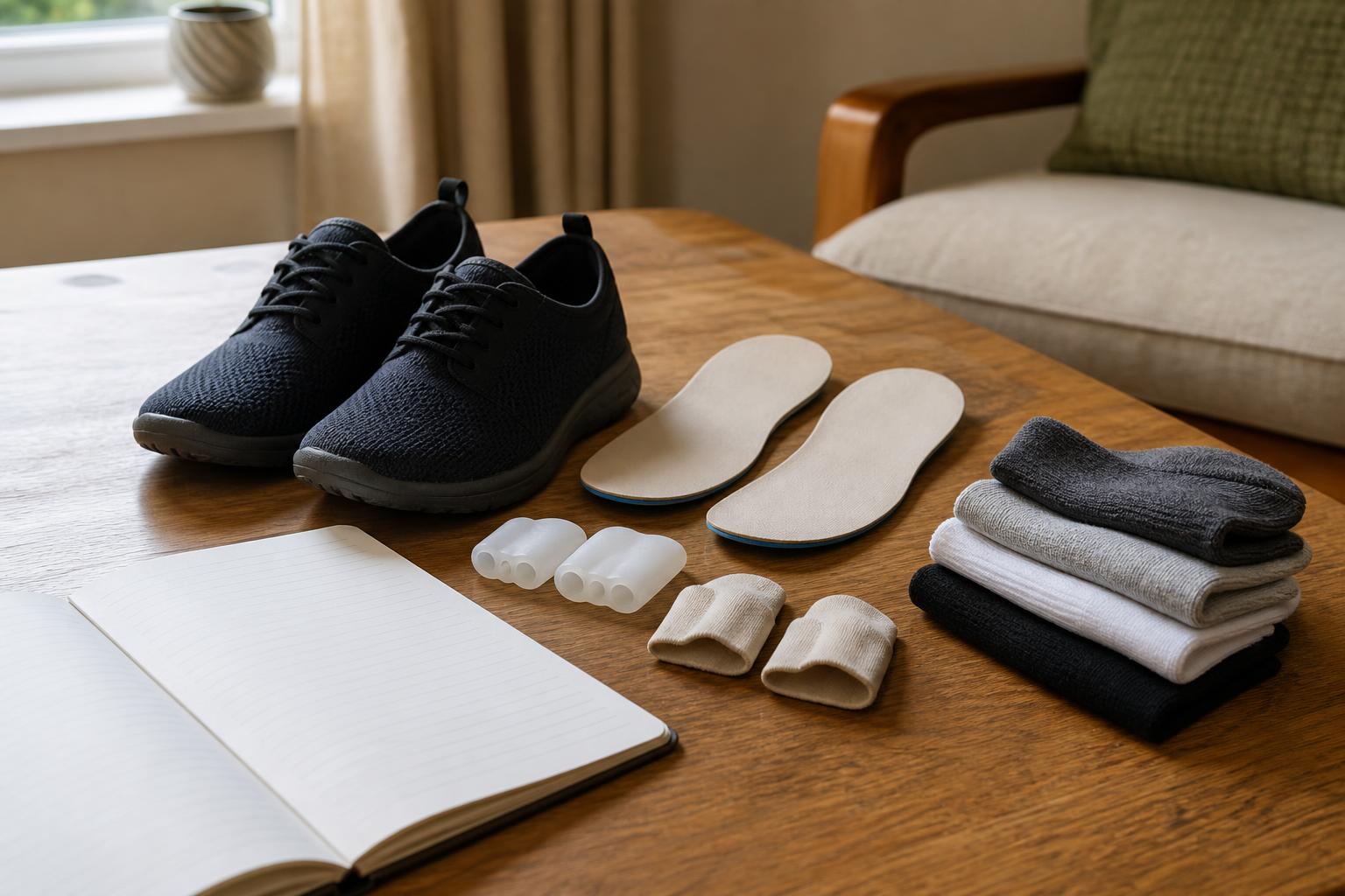 Wide toe box shoes, soft toe protectors, cushioned insoles, and clean socks prepared for a footwear pressure check