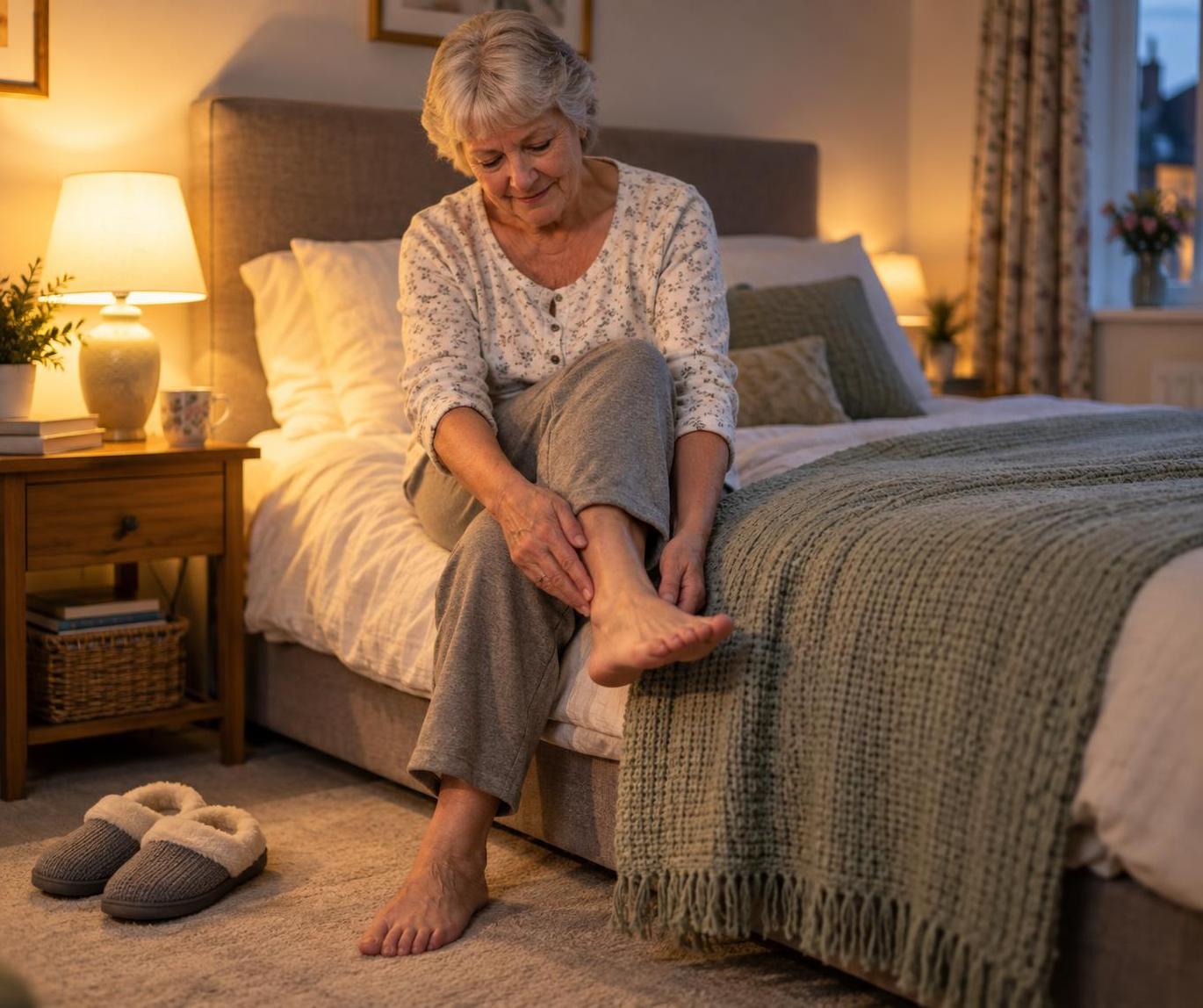 Older adult gently checking their feet at the edge of a bed in the evening