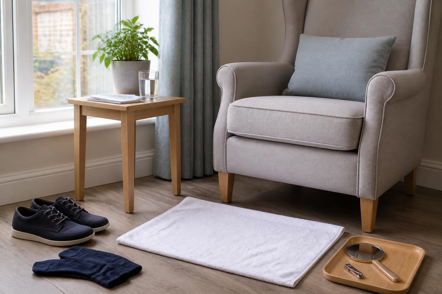 Comfortable chair, towel, socks, shoes, mirror, and nail clippers arranged for home foot care preparation
