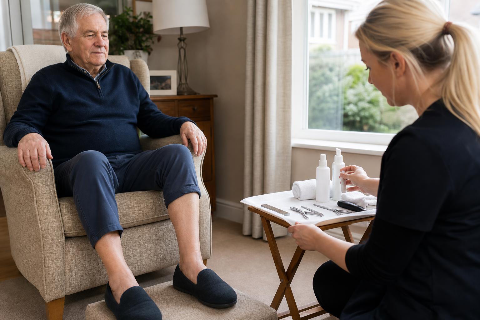 A disabled adult seated at home while a foot care practitioner prepares for a visit