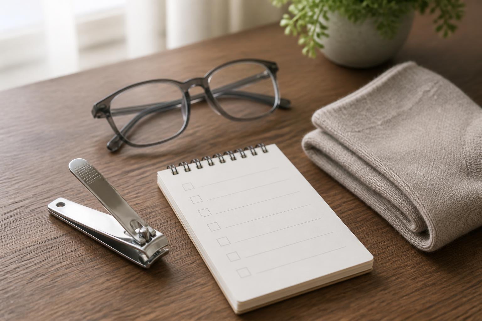 Clean nail clippers, reading glasses, socks, and a foot care checklist on a home table