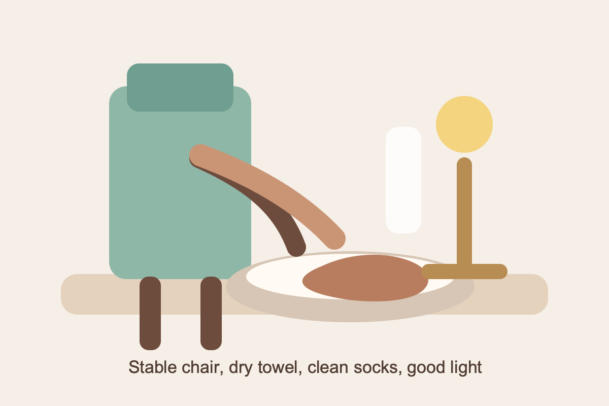 A stable seated setup for washing and checking feet at home