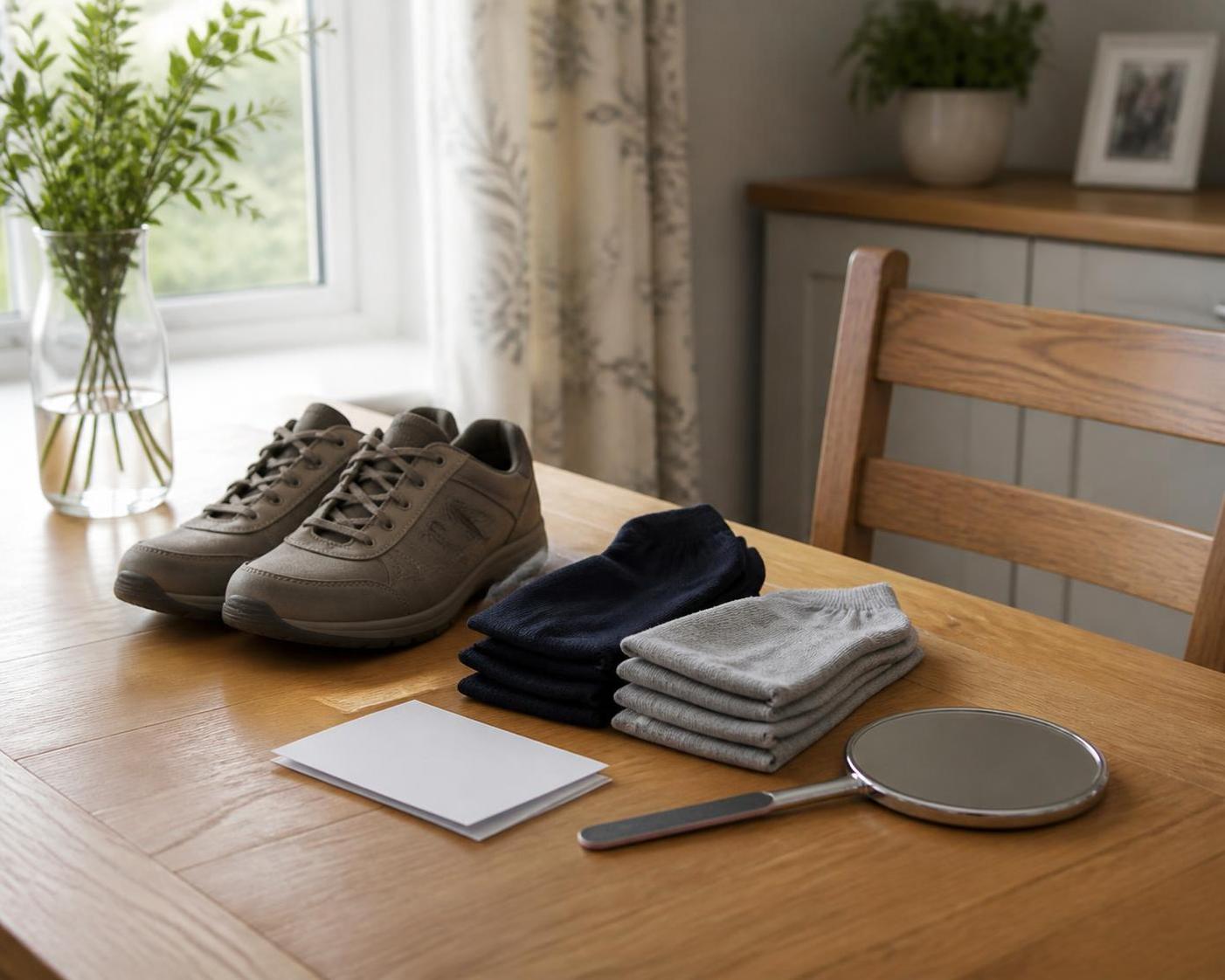 Clean socks, roomy shoes, mirror, and foot care notes arranged for a home toenail check