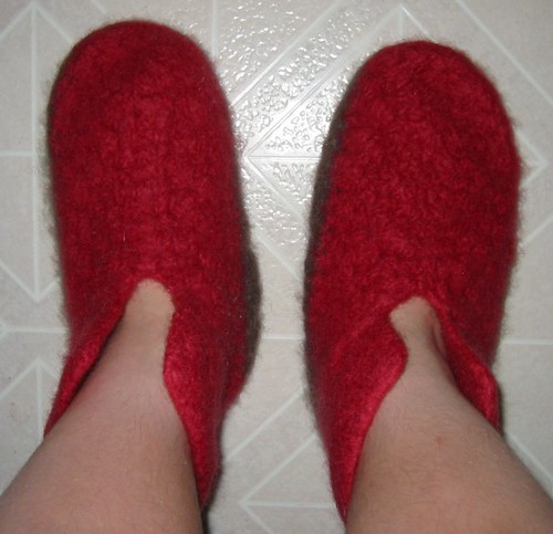Feet wearing slippers on a home floor