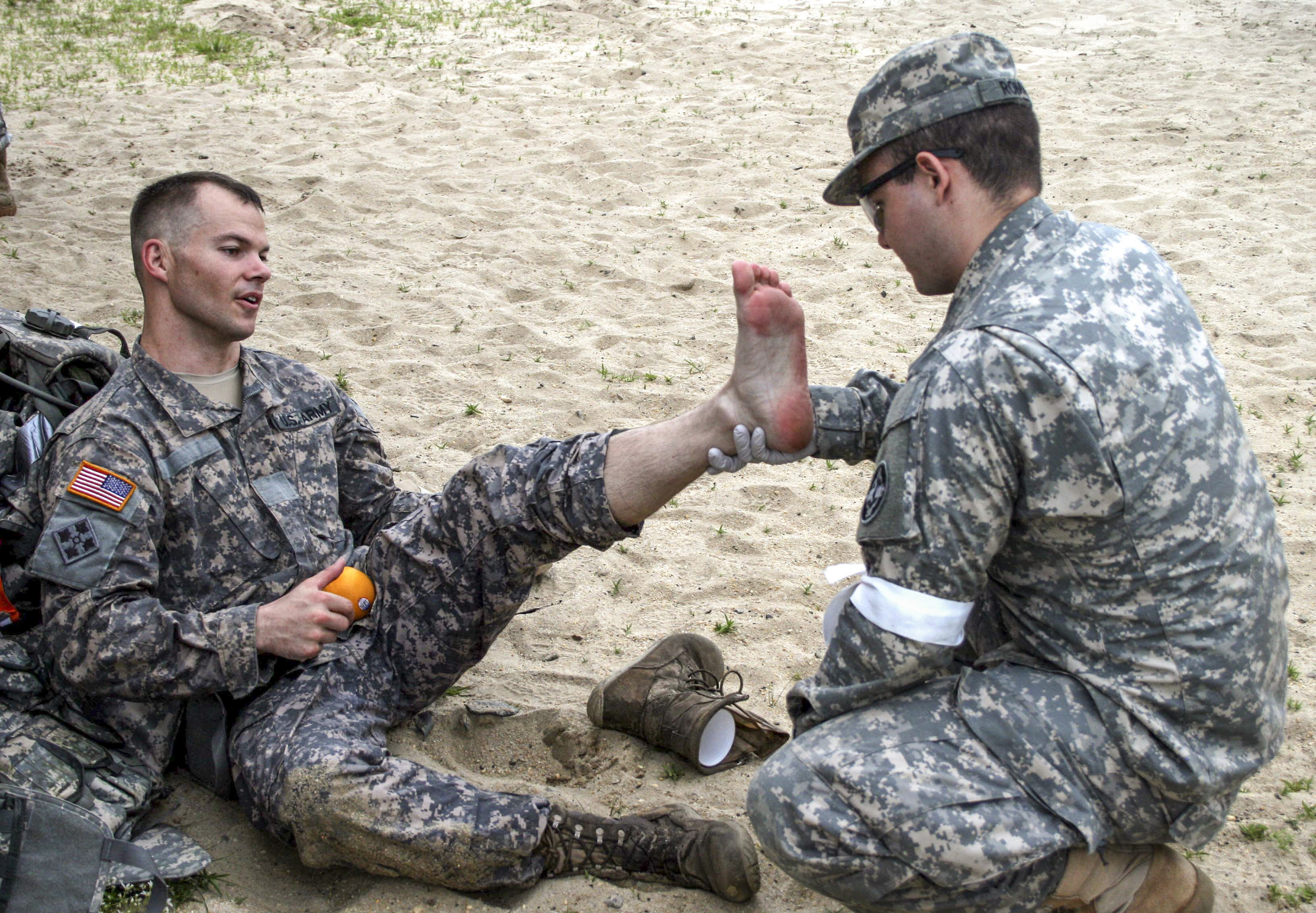 A person receiving practical foot care after walking
